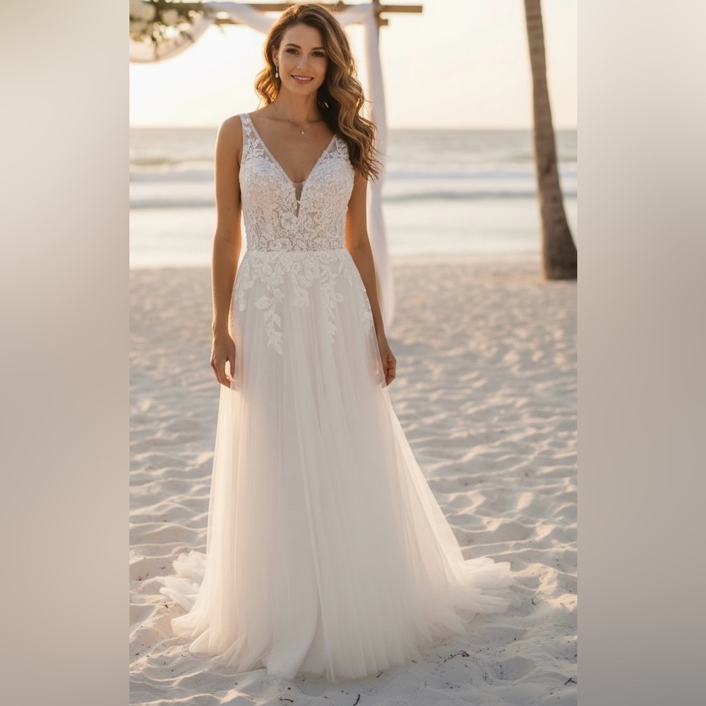 NEW Elegant Small‎ White Wedding Gown Sleeveless Embroidered Lace Tulle